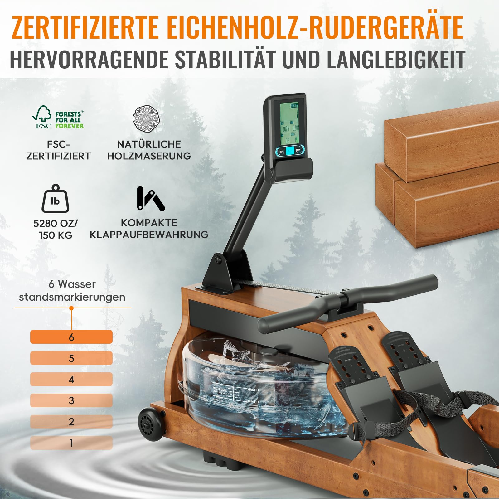 Advamsoler Wasser Rudergerät für Zuhause, Hochwertiges Faltbares Wasserrudergerät aus Massivholz, mit Professionellem Bluetooth-Monitor mit Tablet-Halter, Max 150kg Belastbar