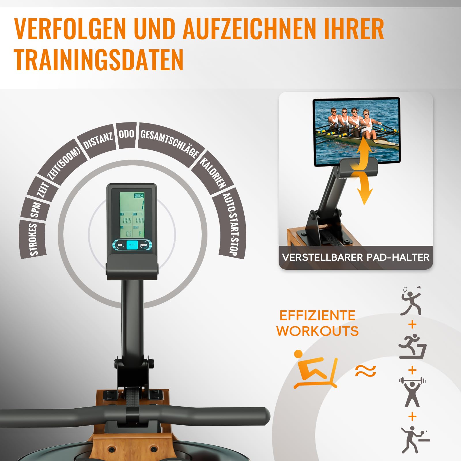 Advamsoler Wasser Rudergerät für Zuhause, Hochwertiges Faltbares Wasserrudergerät aus Massivholz, mit Professionellem Bluetooth-Monitor mit Tablet-Halter, Max 150kg Belastbar
