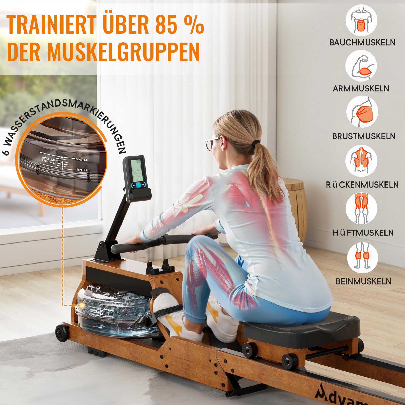 Advamsoler Wasser Rudergerät für Zuhause, Hochwertiges Faltbares Wasserrudergerät aus Massivholz, mit Professionellem Bluetooth-Monitor mit Tablet-Halter, Max 150kg Belastbar