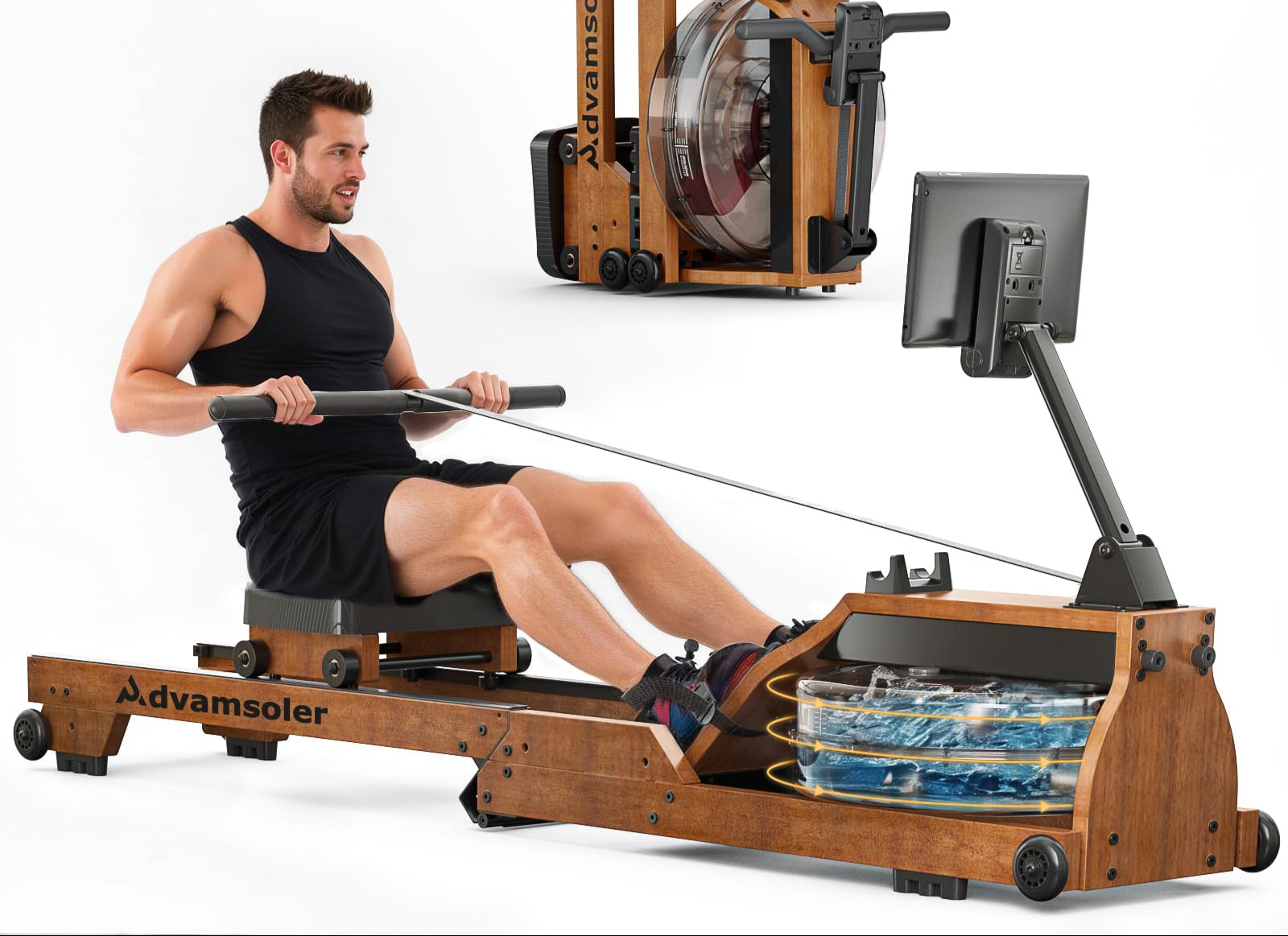 Advamsoler Wasser Rudergerät für Zuhause, Hochwertiges Faltbares Wasserrudergerät aus Massivholz, mit Professionellem Bluetooth-Monitor mit Tablet-Halter, Max 150kg Belastbar