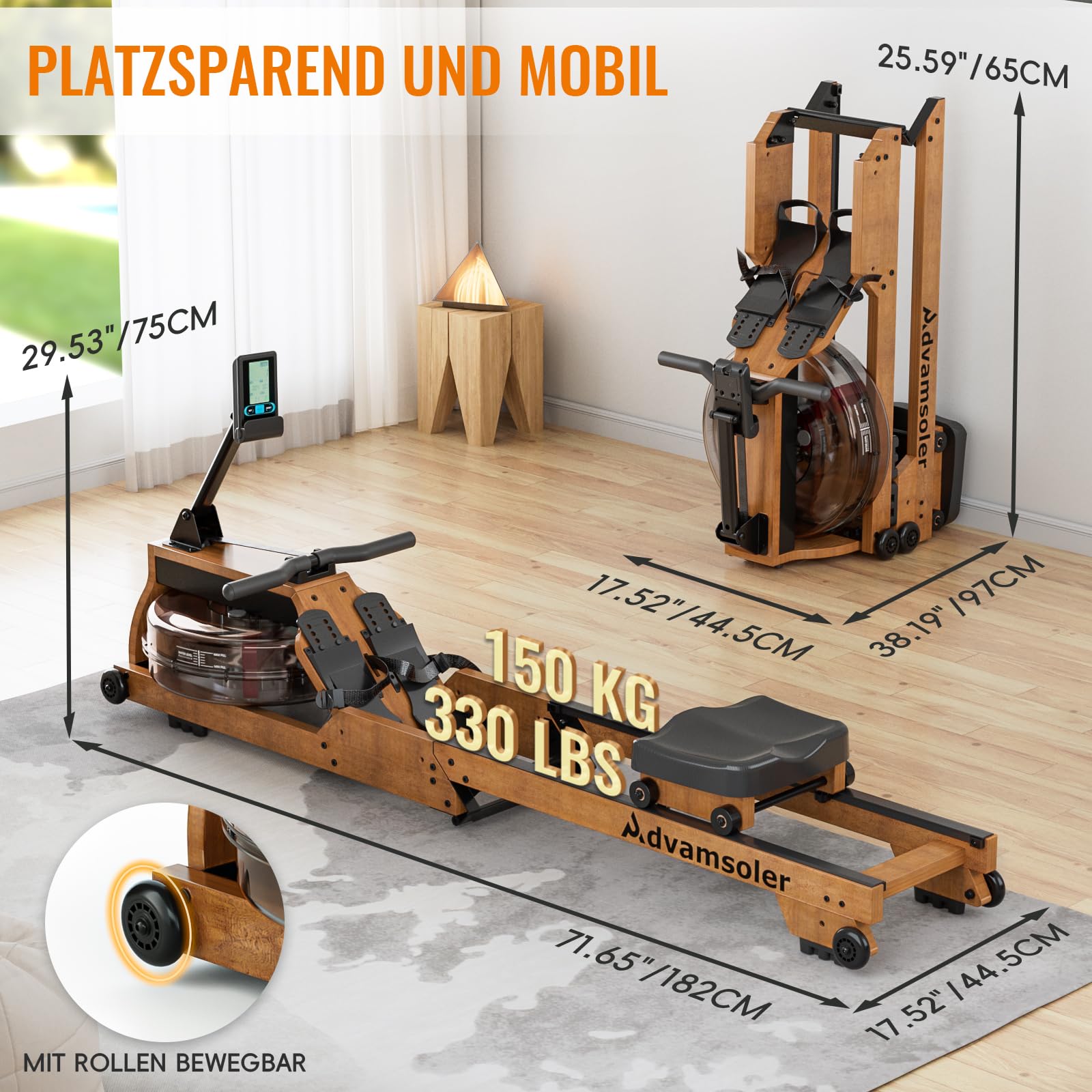 Advamsoler Wasser Rudergerät für Zuhause, Hochwertiges Faltbares Wasserrudergerät aus Massivholz, mit Professionellem Bluetooth-Monitor mit Tablet-Halter, Max 150kg Belastbar